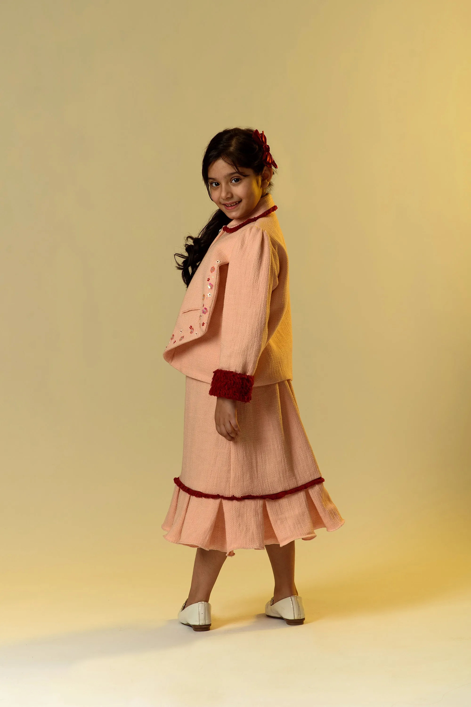 Rosehip Radiance- Embroidered Blazer With Skirt Set For Girls