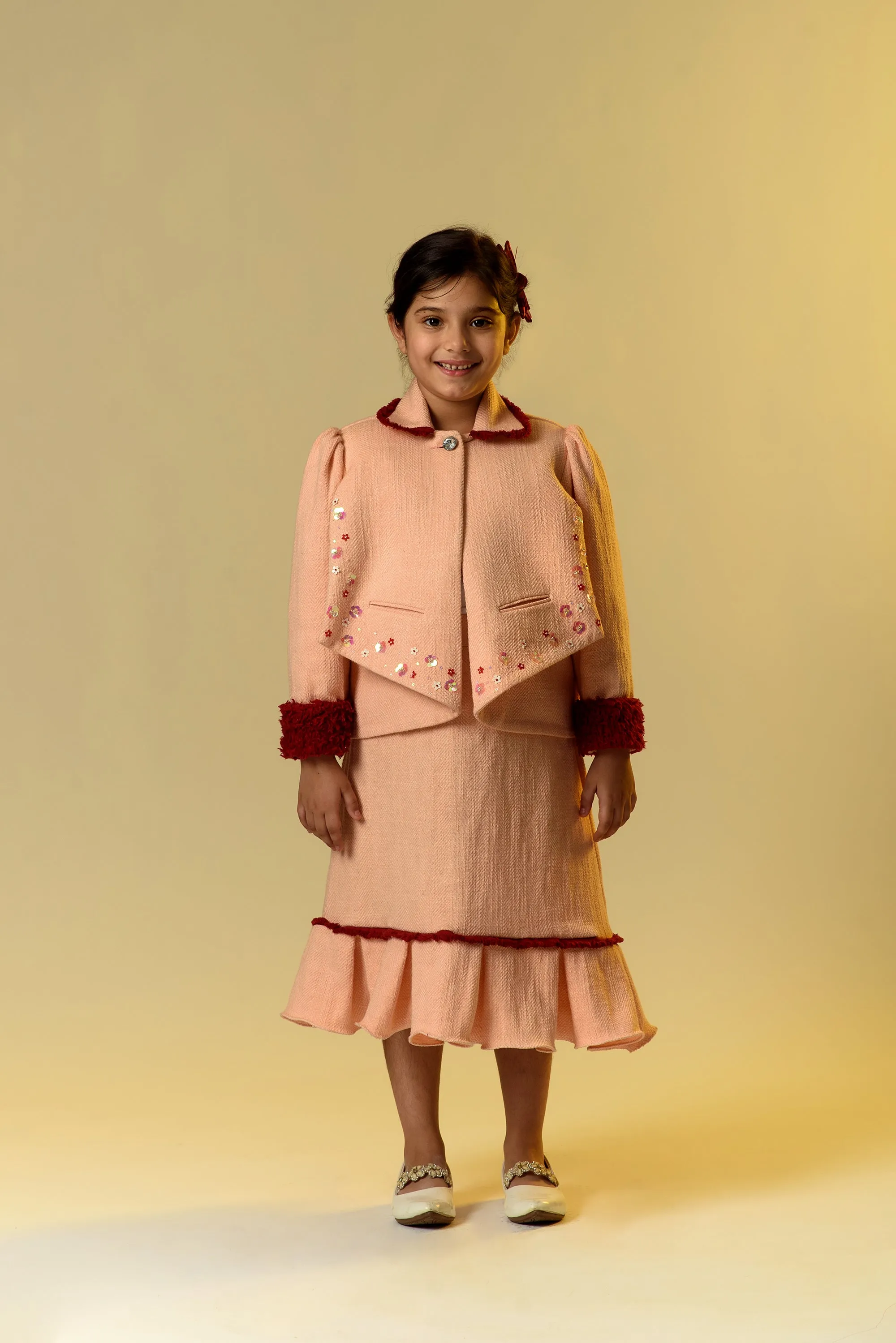 Rosehip Radiance- Embroidered Blazer With Skirt Set For Girls