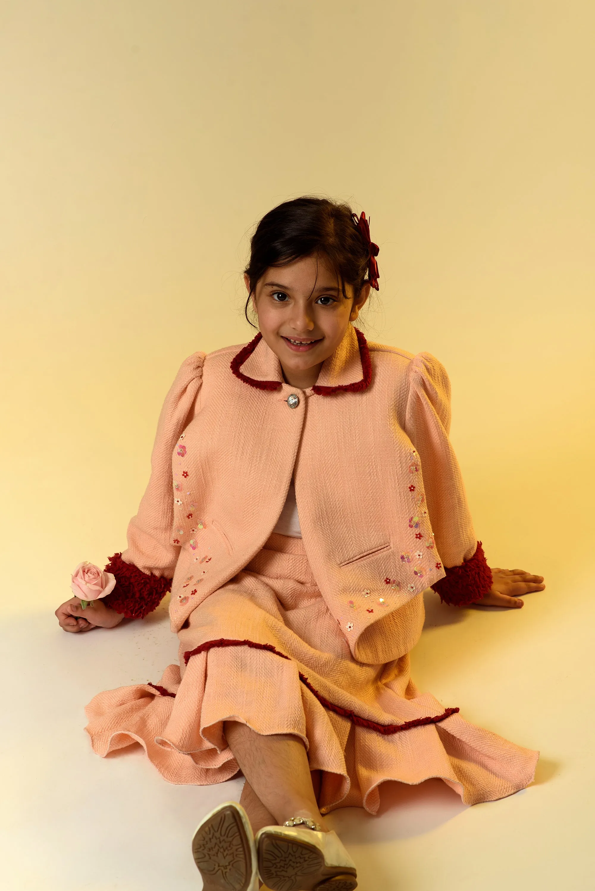 Rosehip Radiance- Embroidered Blazer With Skirt Set For Girls