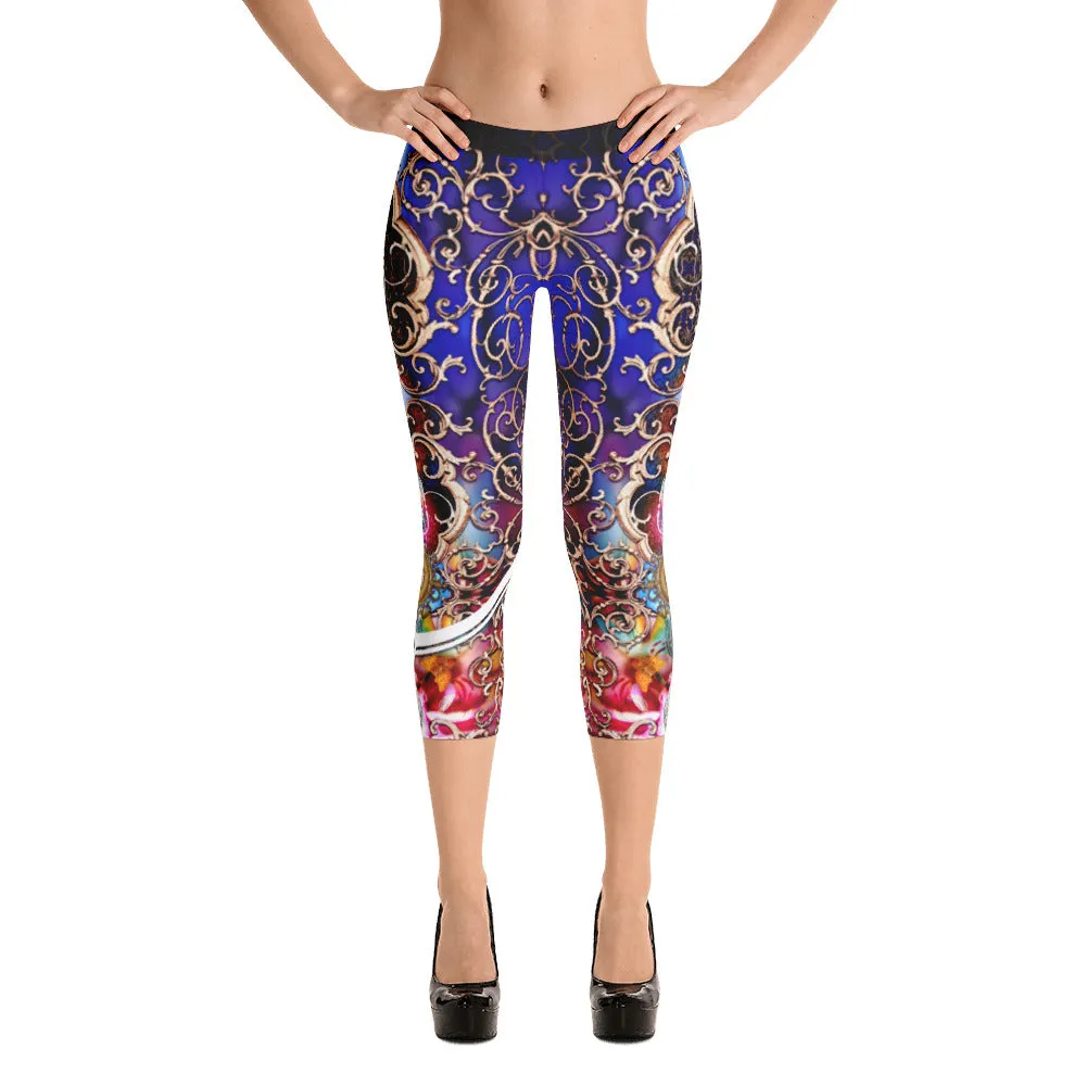 Royal Blue Capri Leggings Baroque Capri Leggings Women Sports Wear Spandex  Leggings, PF - 1053A