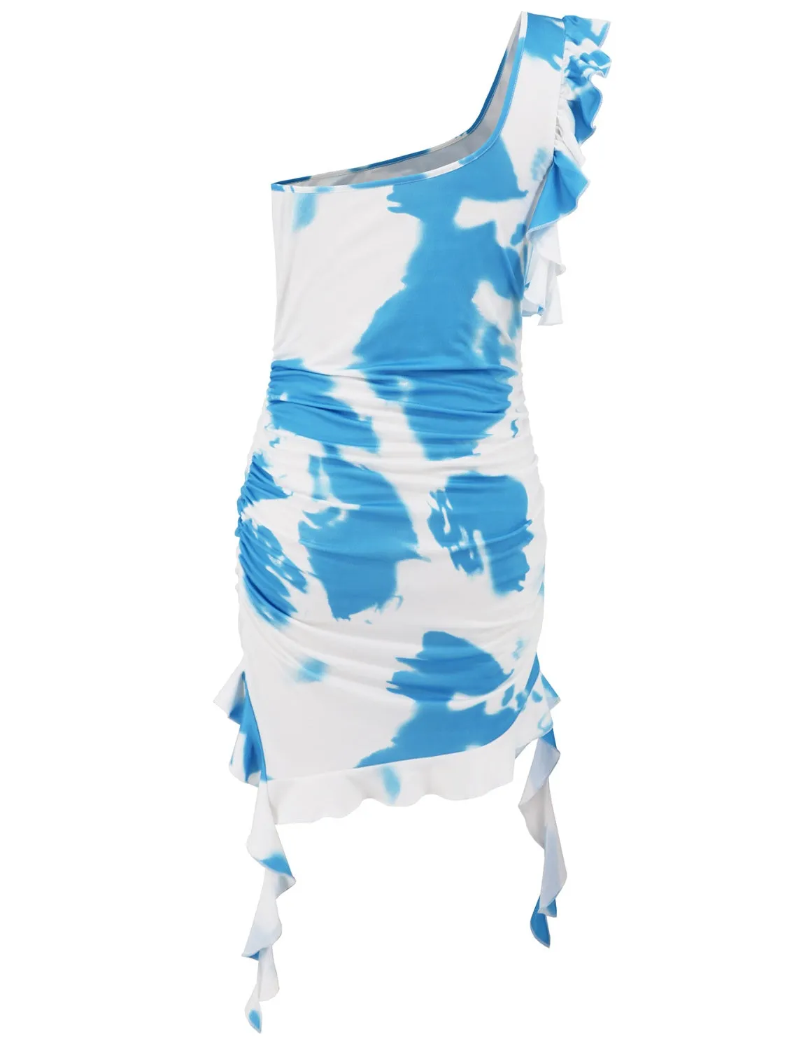 Ruffled Tie-Dye Single Shoulder Mini Dress