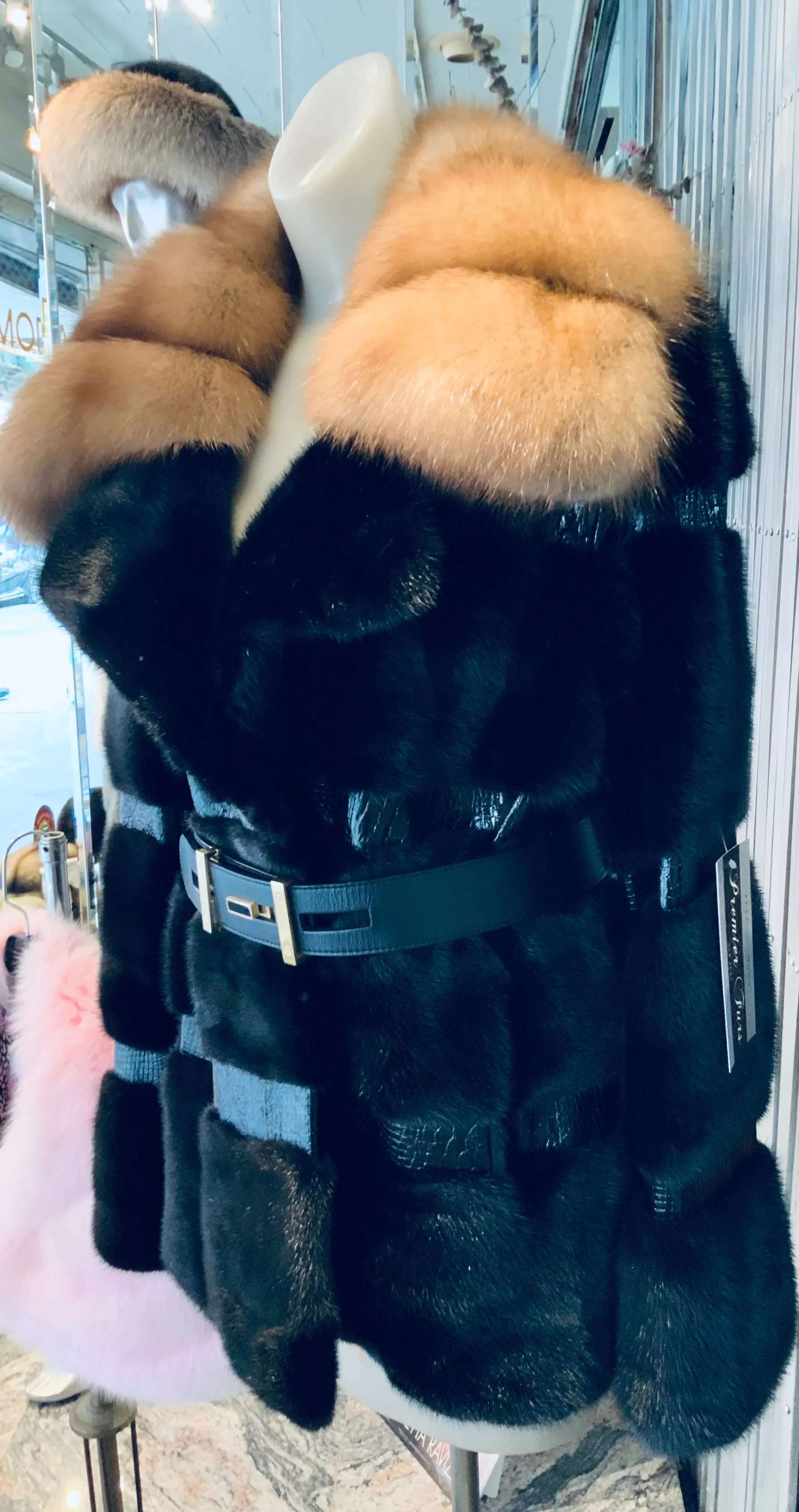 Sable Fur Notch Collar Ranch Mink and Leather Stroller