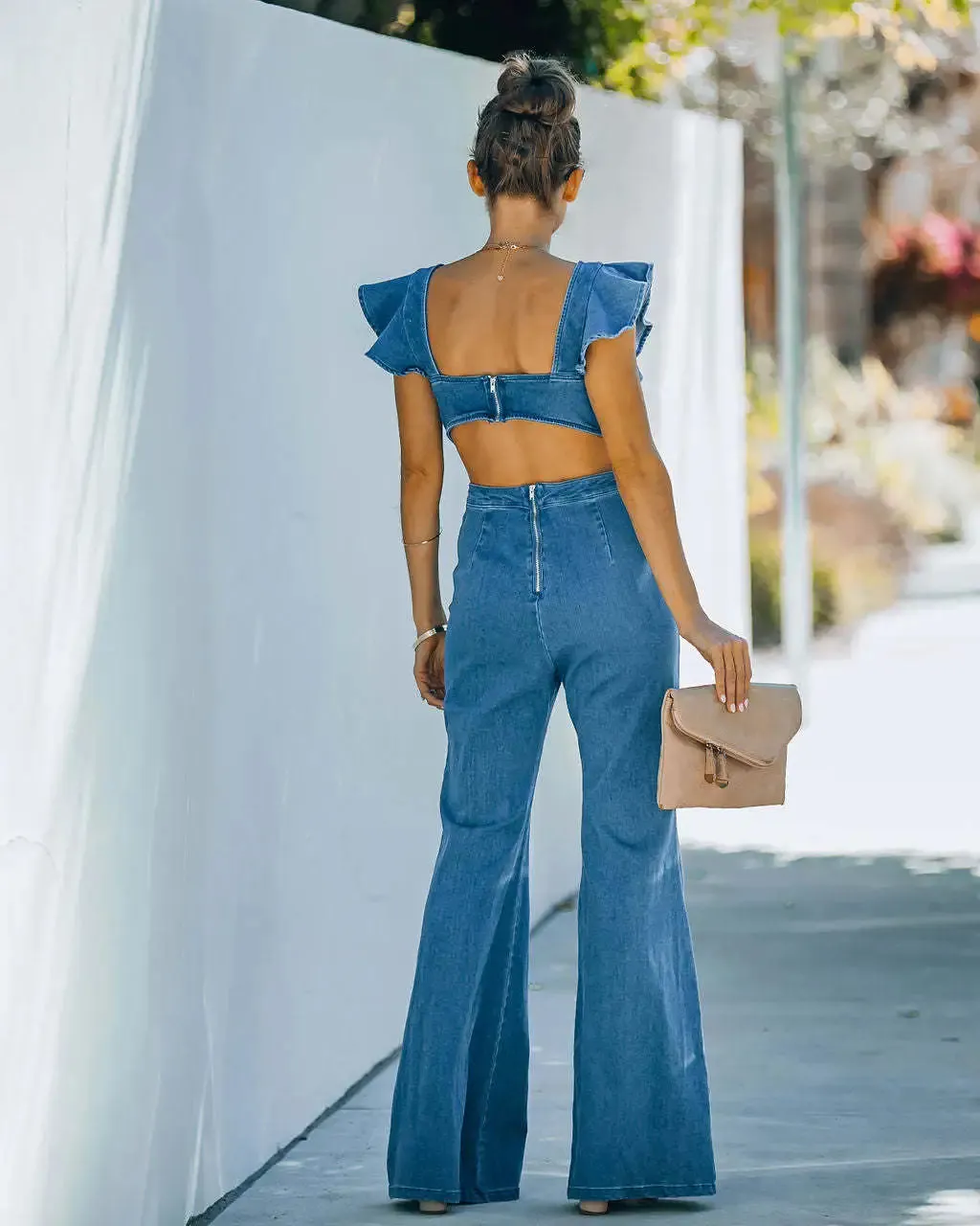 SALE Denim Slim Fit Ruffle Flared Jumpsuit