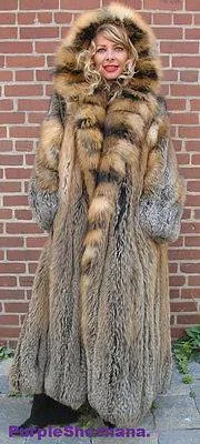 Sensational Hooded Solid Multi Color Cross Fox Canadian Fur Coat 80" Sweep M/L