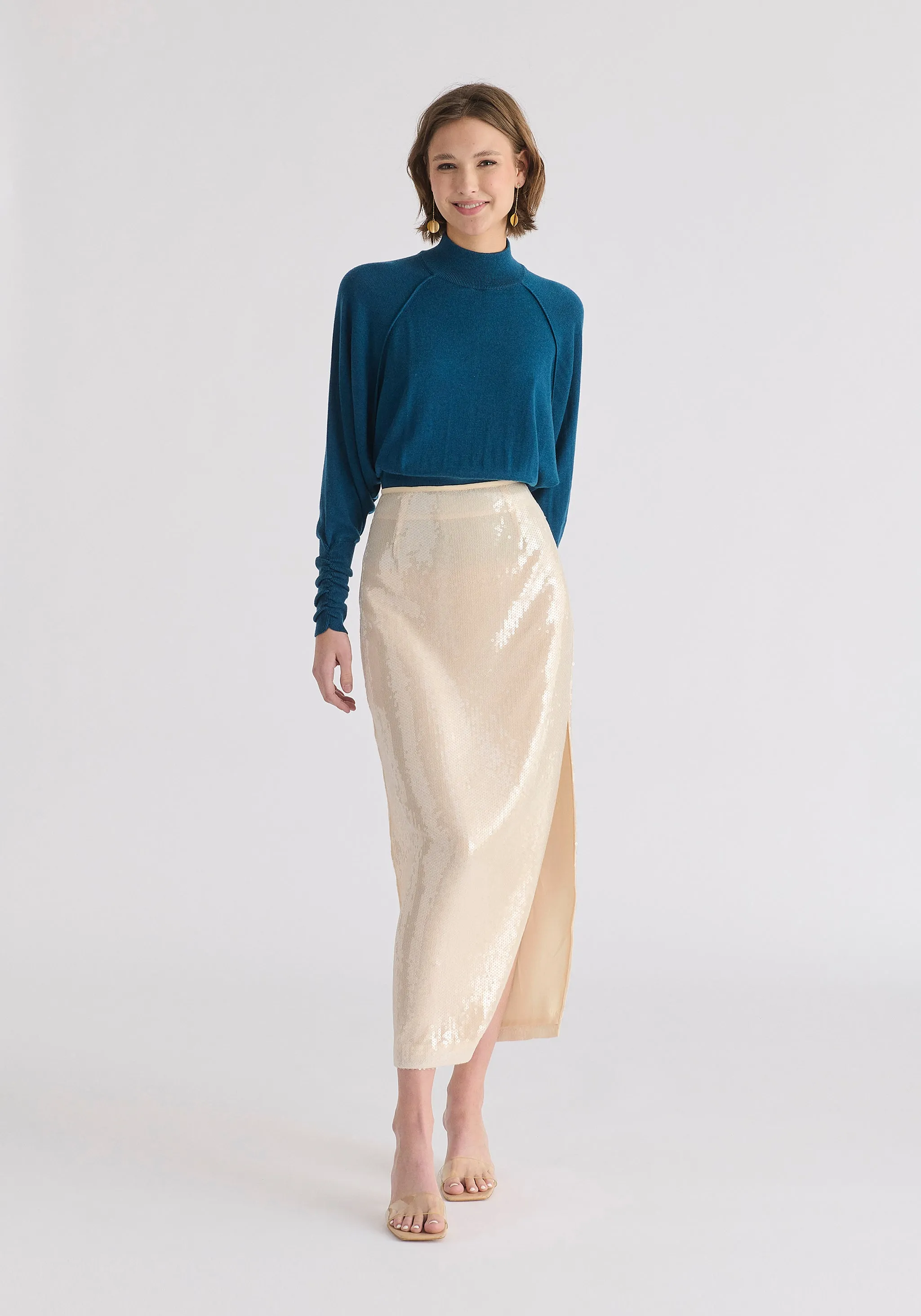 Sequin Midi Skirt with Side Slit