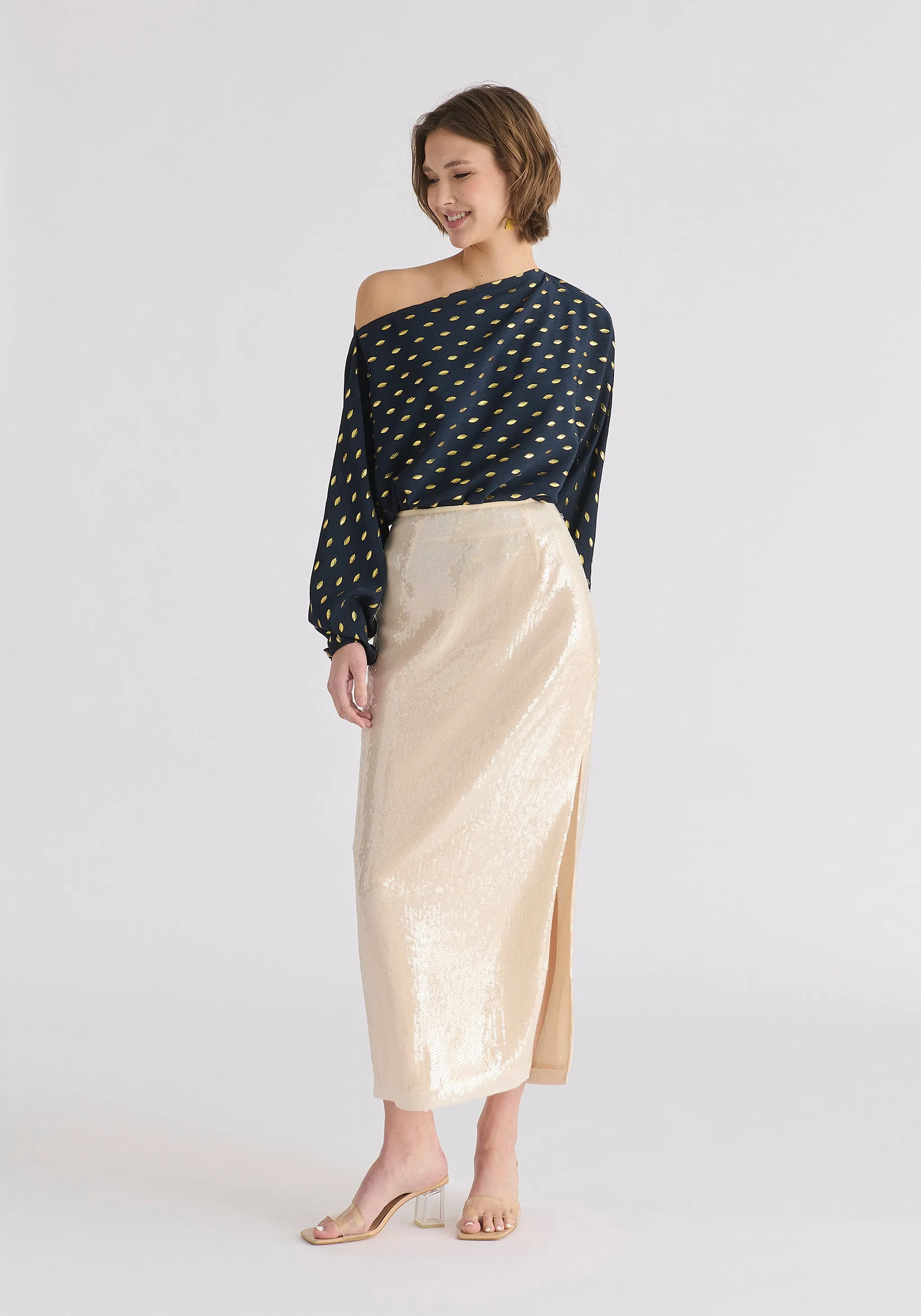 Sequin Midi Skirt with Side Slit