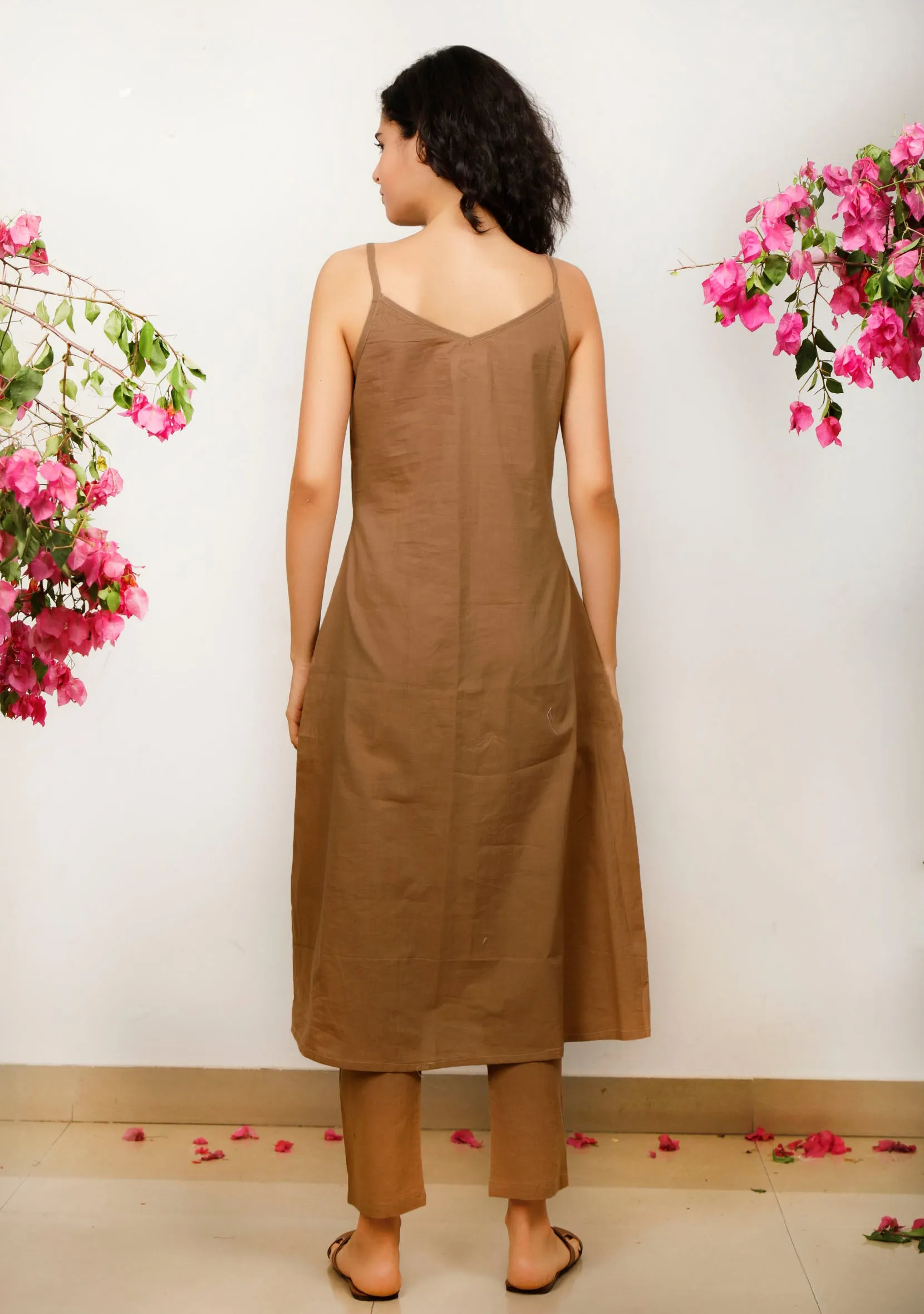 Set of 2: Brown Cotton slip Kurta with Brown straight Cotton Pants