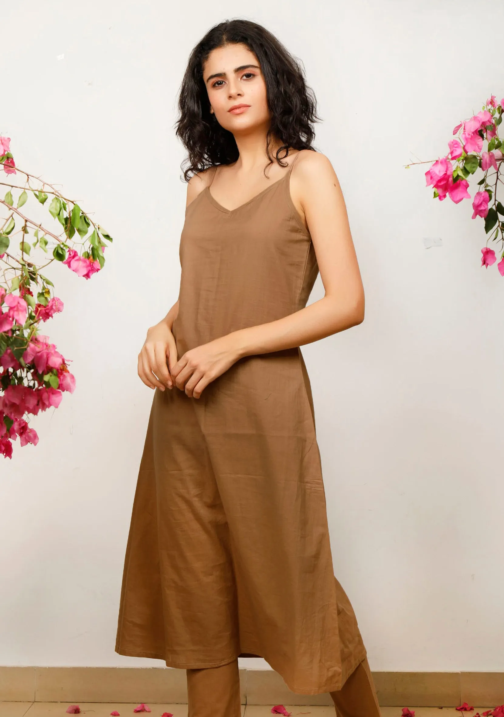 Set of 2: Brown Cotton slip Kurta with Brown straight Cotton Pants