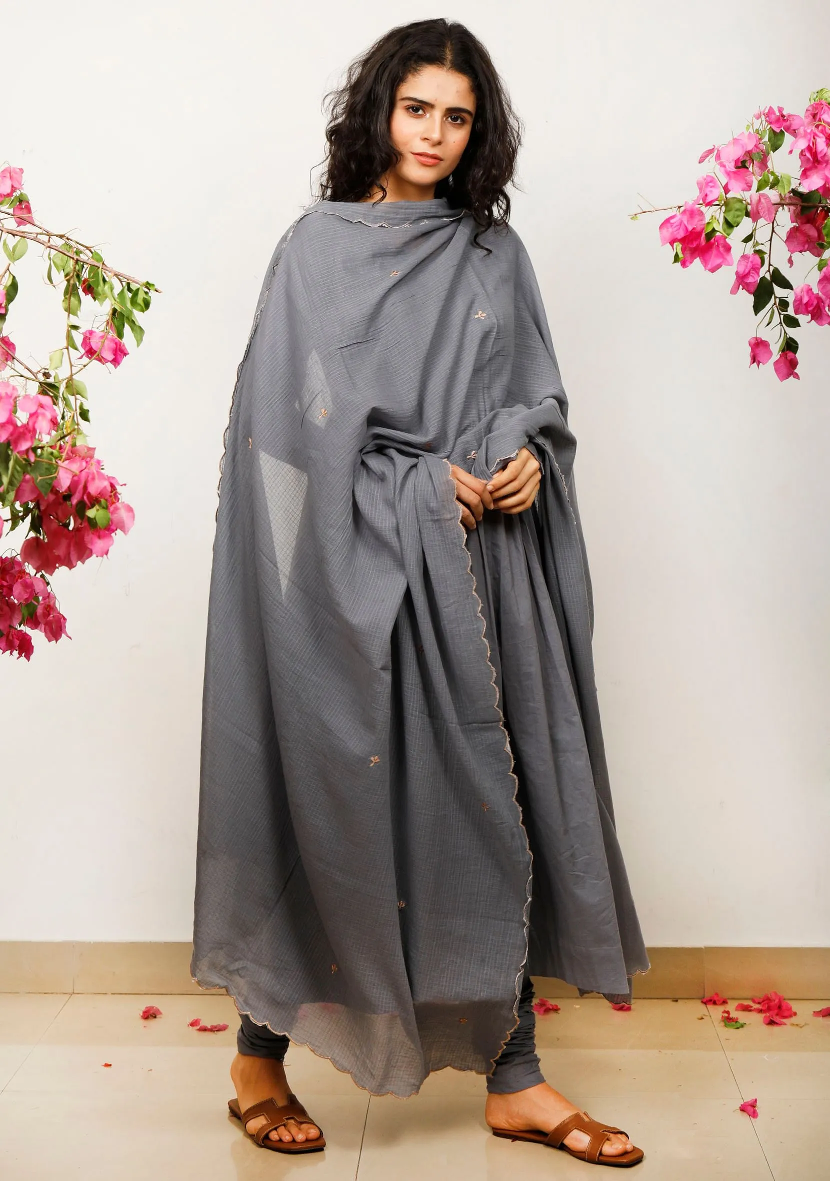 Set of 3: Grey Gathered Cotton plain Kurta with Kota Dupatta and Grey plain Cotton Churidar