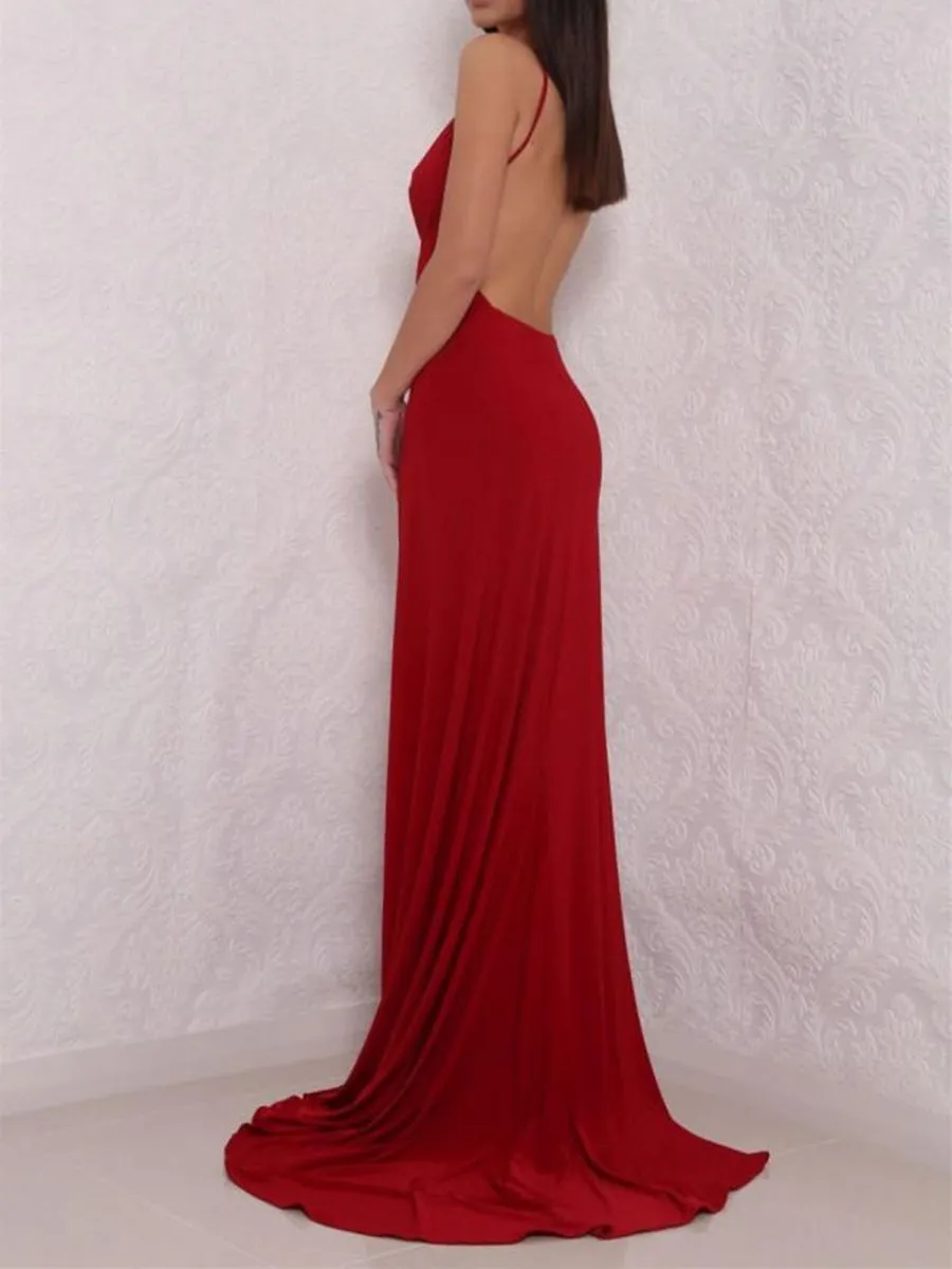 Sexy A Line V Neck Backless Burgundy Long Prom with High Slit, Burgundy Backless Formal, Burgundy Evening