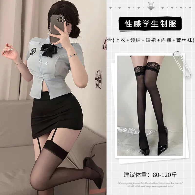 Sexy Female  Officer Professional Suit Role-playing Student Tight Fitting Short Sleeve Wrap Buttocks Skirt  Two Piece Set XYY9