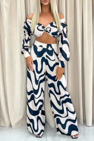 Sexy White & Navy Blue 2 Piece Crop Top & Wide Leg Pants Set