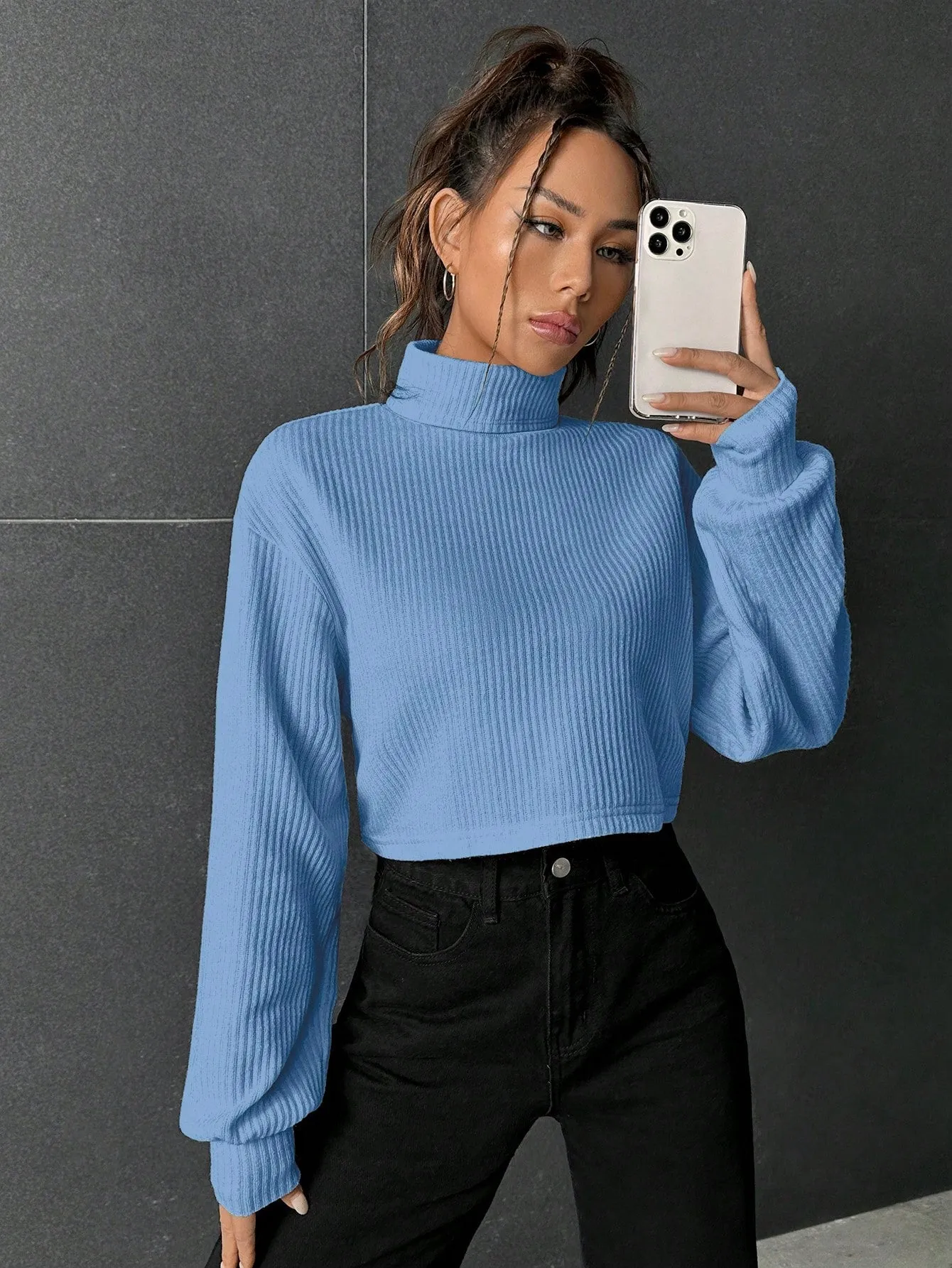 SHEIN EZwear Turtleneck Drop Shoulder Ribbed Knit Crop Tee