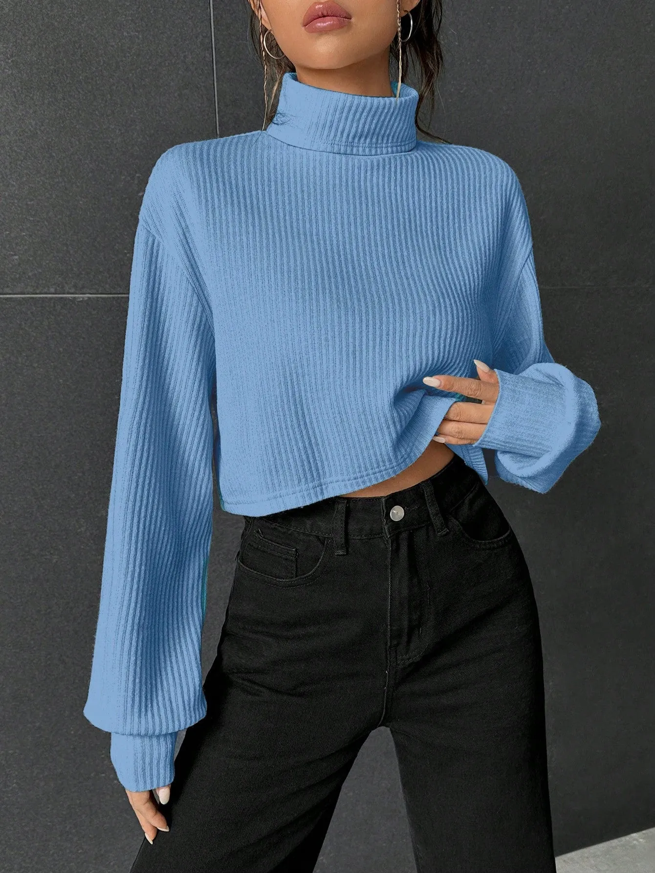 SHEIN EZwear Turtleneck Drop Shoulder Ribbed Knit Crop Tee