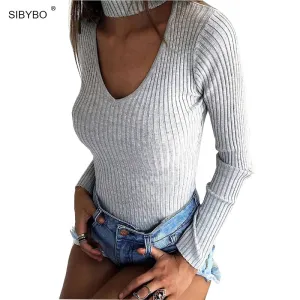 Sibybo Sexy Bodysuits Women 2017 Halter Knitted Autumn Winter Black Slim Bodycon Jumpsuit Romper Womens V-Neck Jumpsuit Tops