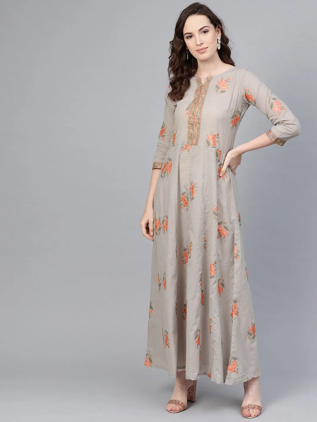 Slate Grey & Peach Printed Maxi Dress With Round Neck With V Slit & 3/4 Sleeves