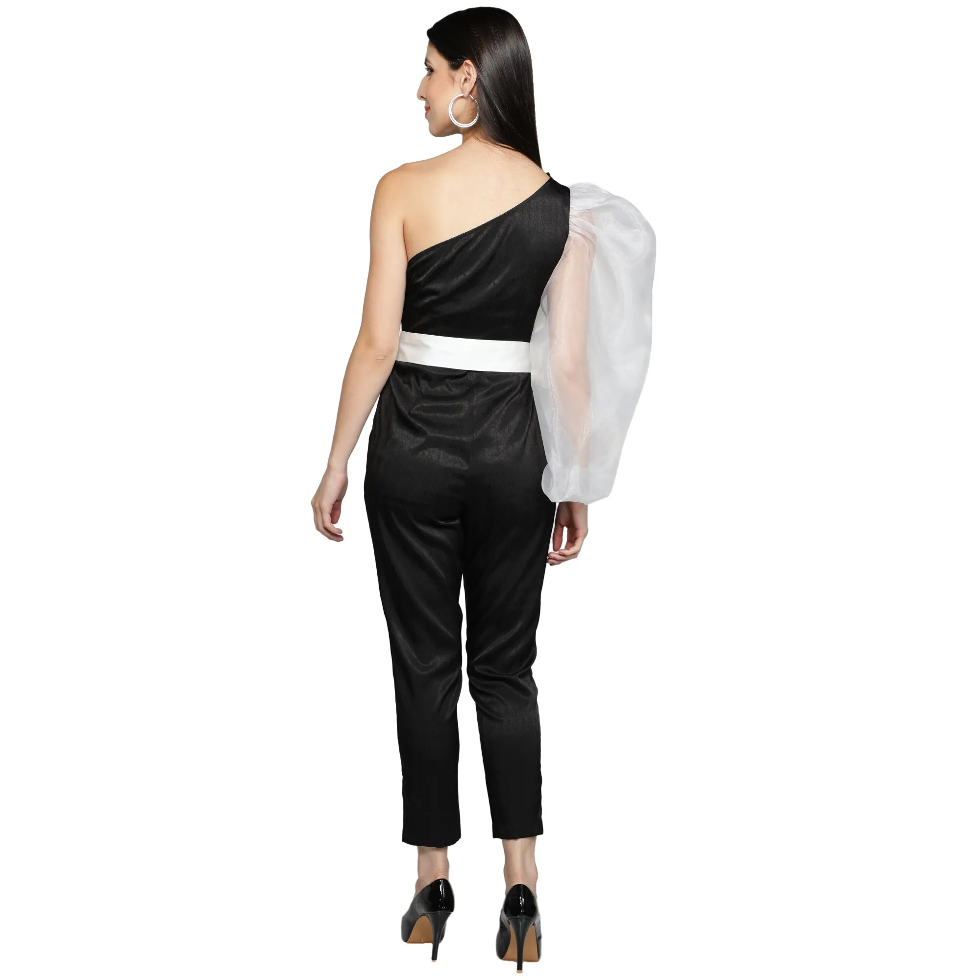 SLAY. Women's Black Balloon Sleeve Poly Textured Jumpsuit with White waist belt