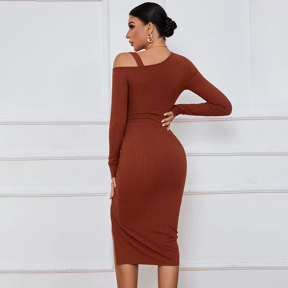 Slit Off-shoulder Long Sleeve Sexy Hip-hugging Midi Dress