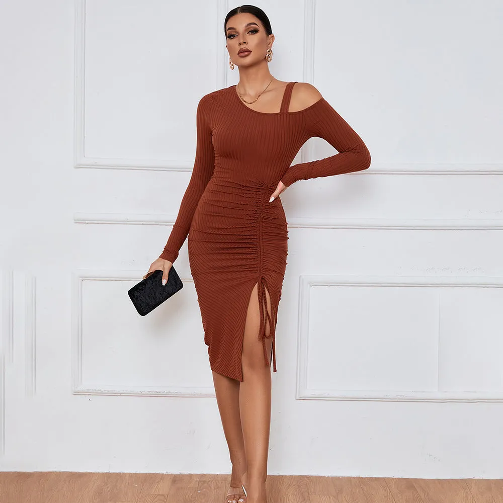 Slit Off-shoulder Long Sleeve Sexy Hip-hugging Midi Dress