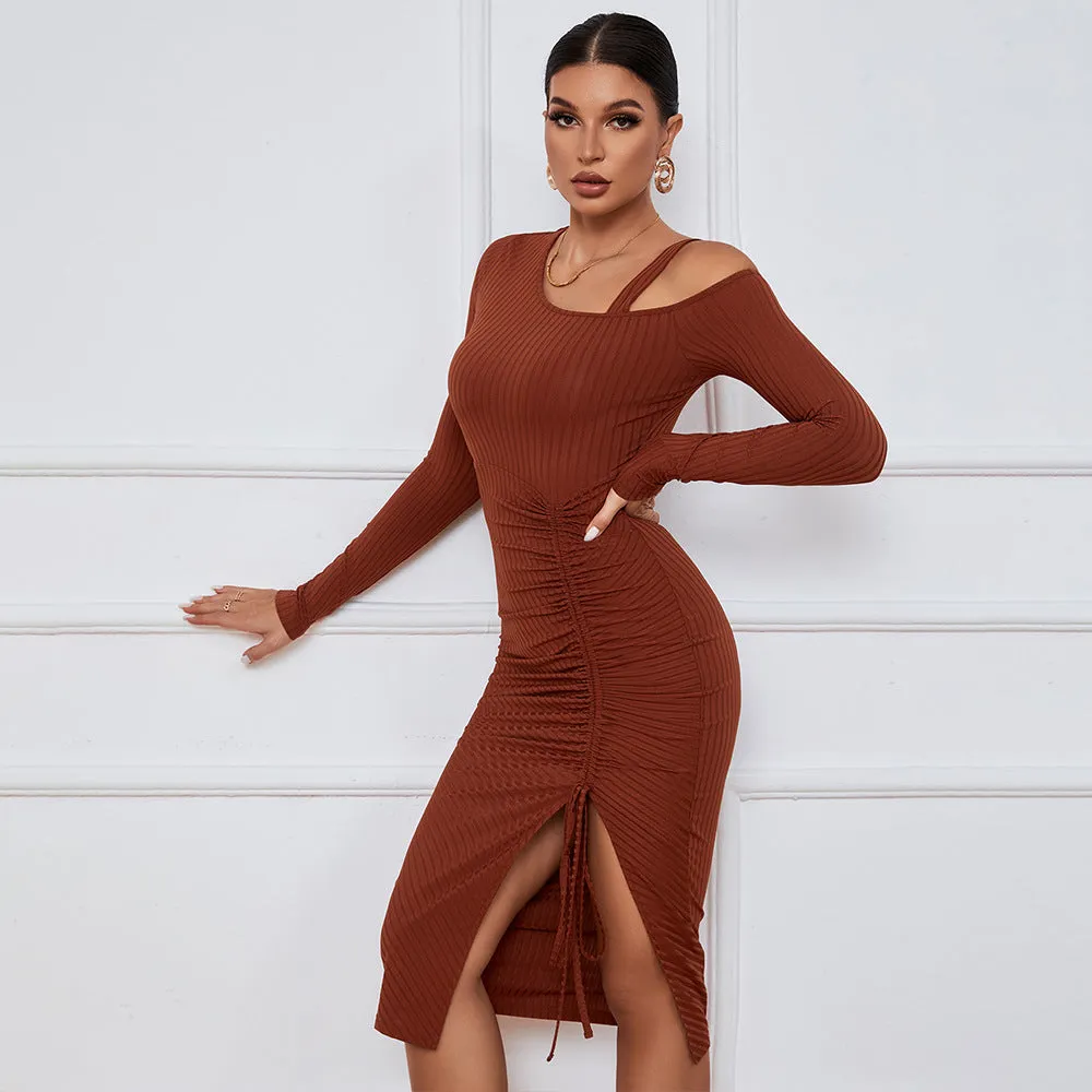 Slit Off-shoulder Long Sleeve Sexy Hip-hugging Midi Dress