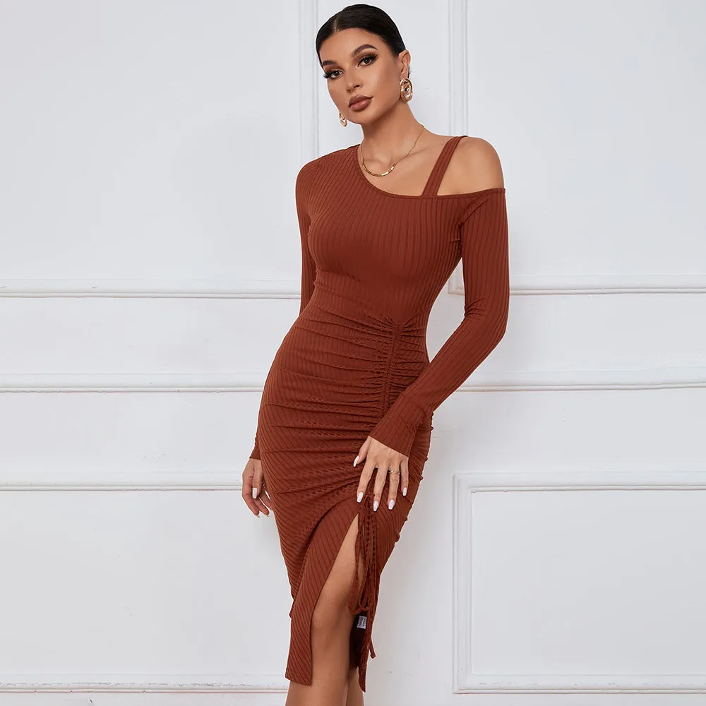 Slit Off-shoulder Long Sleeve Sexy Hip-hugging Midi Dress