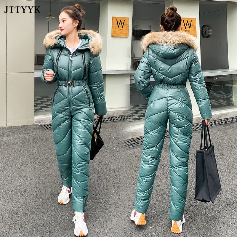 Snow One Piece For Women Jumpsuit Ski Clothes Winter Jackets Hooded Parka