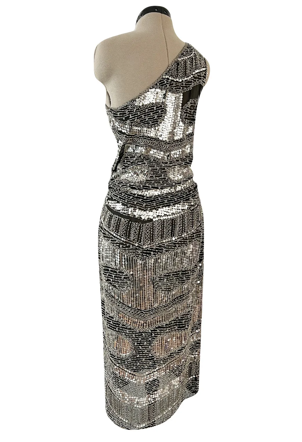 Spring 1981 Unlabeled Halston One Shoulder Silver Sequin & Black Silk Chiffon Dress