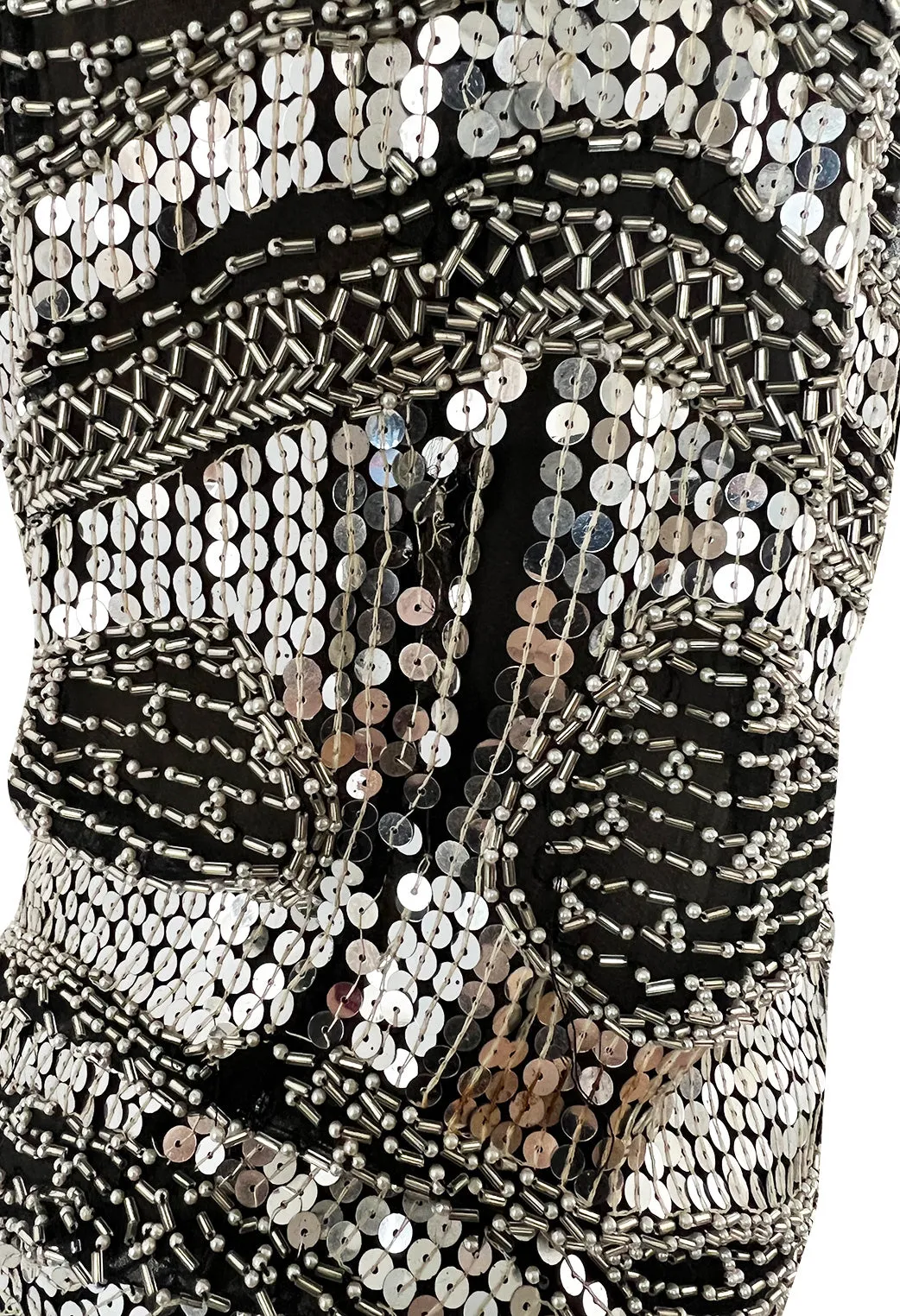 Spring 1981 Unlabeled Halston One Shoulder Silver Sequin & Black Silk Chiffon Dress