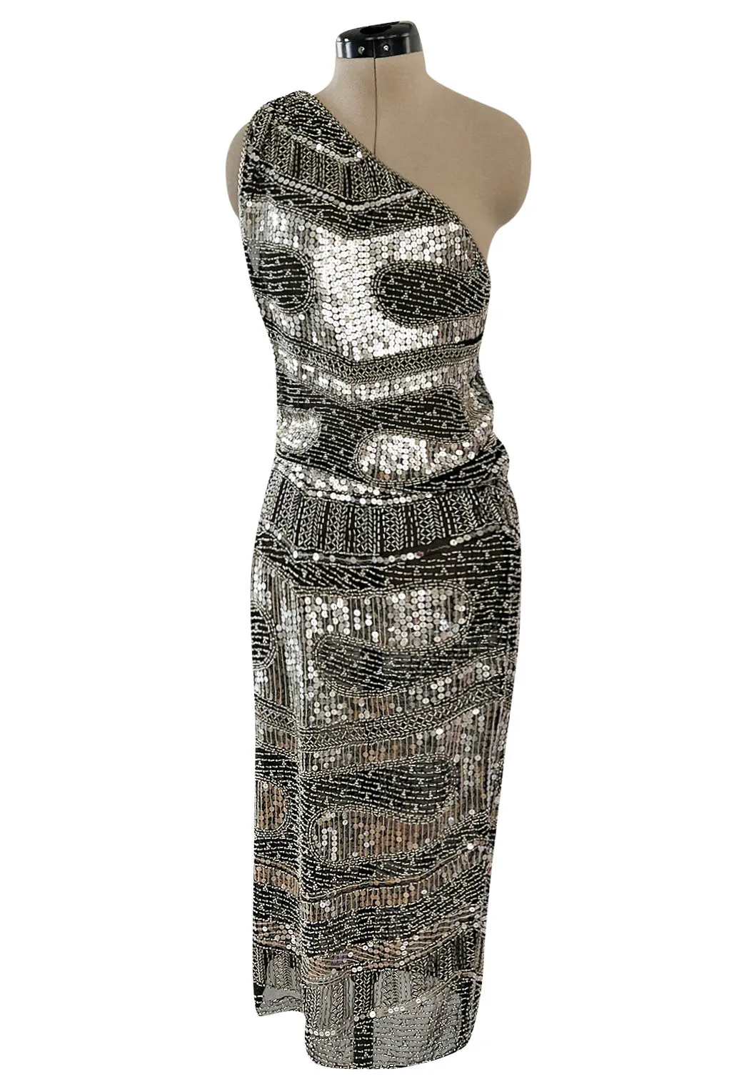 Spring 1981 Unlabeled Halston One Shoulder Silver Sequin & Black Silk Chiffon Dress