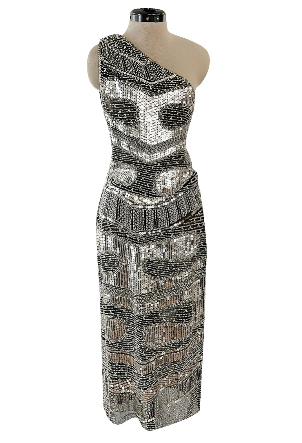 Spring 1981 Unlabeled Halston One Shoulder Silver Sequin & Black Silk Chiffon Dress