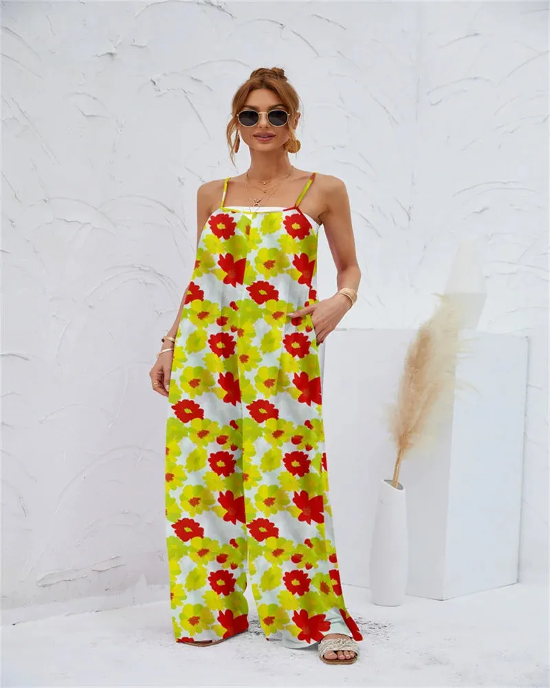 Spring and summer 2024 ladies digital printing color gradient sleeveless casual baggy jumpsuit