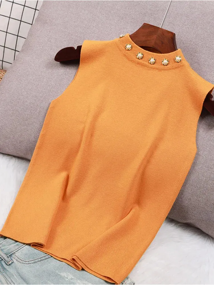 Spring Bottoming Shirt Sleeveless Vest Waistcoat Camisole Inner Suit Beaded Sweaters Half TurtleneckKnitwear Tops B-035