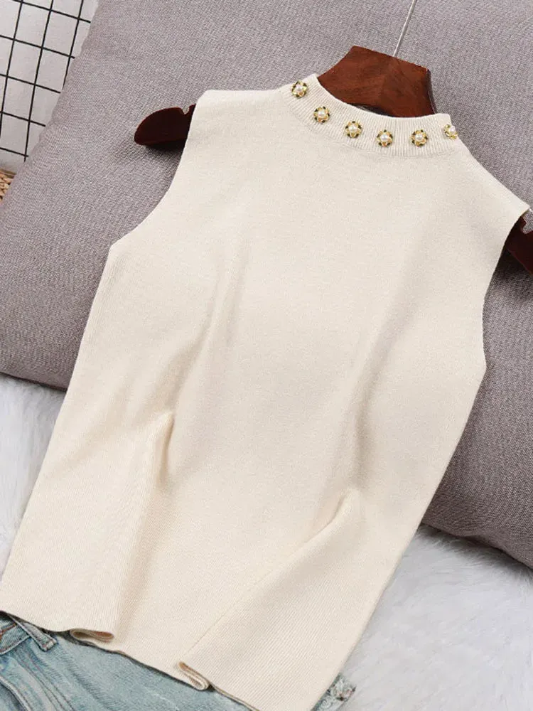 Spring Bottoming Shirt Sleeveless Vest Waistcoat Camisole Inner Suit Beaded Sweaters Half TurtleneckKnitwear Tops B-035