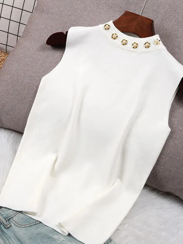 Spring Bottoming Shirt Sleeveless Vest Waistcoat Camisole Inner Suit Beaded Sweaters Half TurtleneckKnitwear Tops B-035