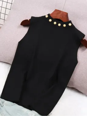 Spring Bottoming Shirt Sleeveless Vest Waistcoat Camisole Inner Suit Beaded Sweaters Half TurtleneckKnitwear Tops B-035