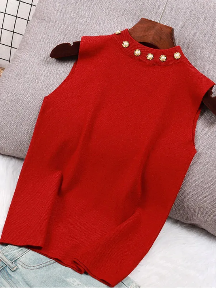 Spring Bottoming Shirt Sleeveless Vest Waistcoat Camisole Inner Suit Beaded Sweaters Half TurtleneckKnitwear Tops B-035