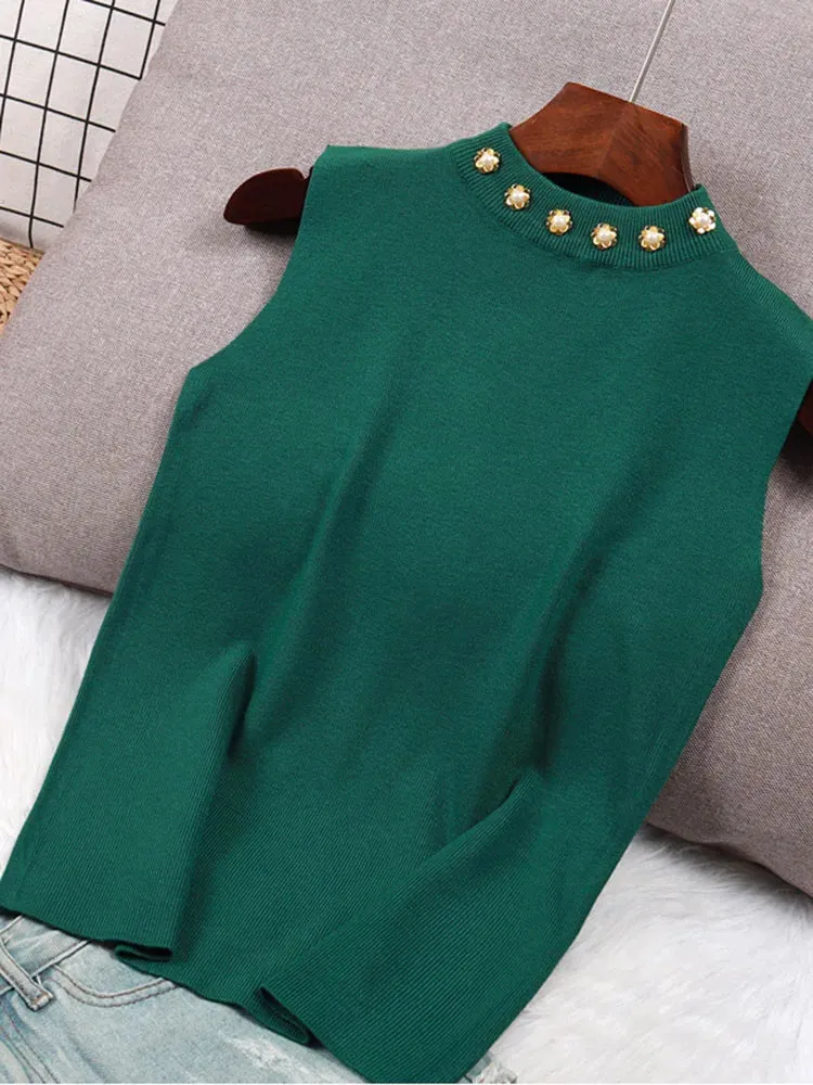 Spring Bottoming Shirt Sleeveless Vest Waistcoat Camisole Inner Suit Beaded Sweaters Half TurtleneckKnitwear Tops B-035