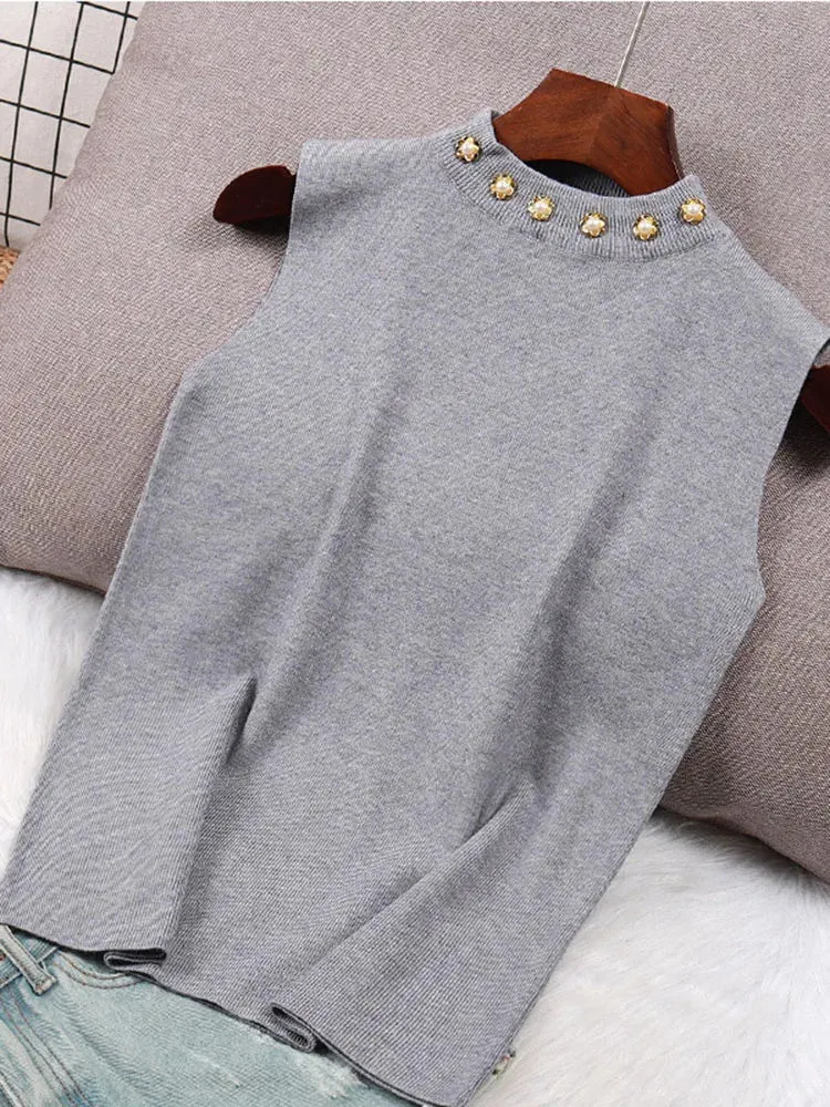 Spring Bottoming Shirt Sleeveless Vest Waistcoat Camisole Inner Suit Beaded Sweaters Half TurtleneckKnitwear Tops B-035