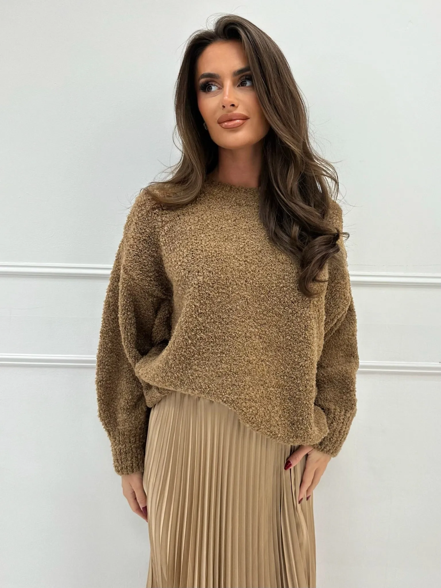 Stacey camel pleated skirt & jumper set