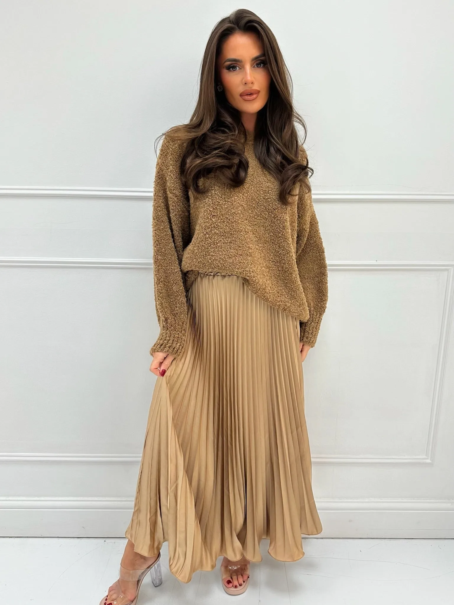 Stacey camel pleated skirt & jumper set