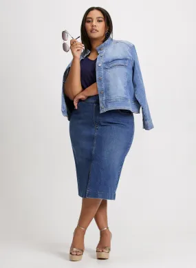 Stand Collar Denim Jacket & Denim Pencil Skirt