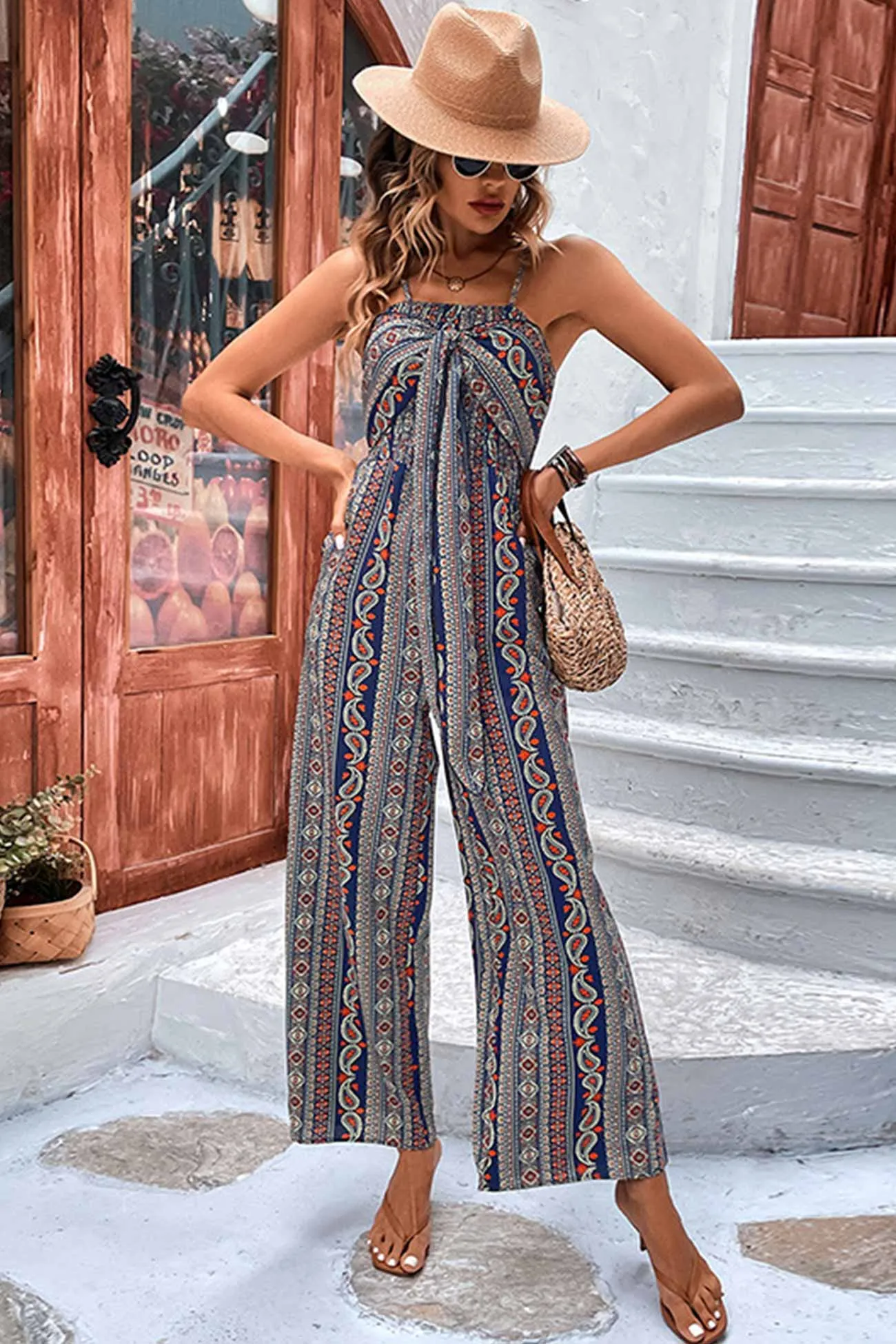 Striped Print Strappy Wide-leg Jumpsuit