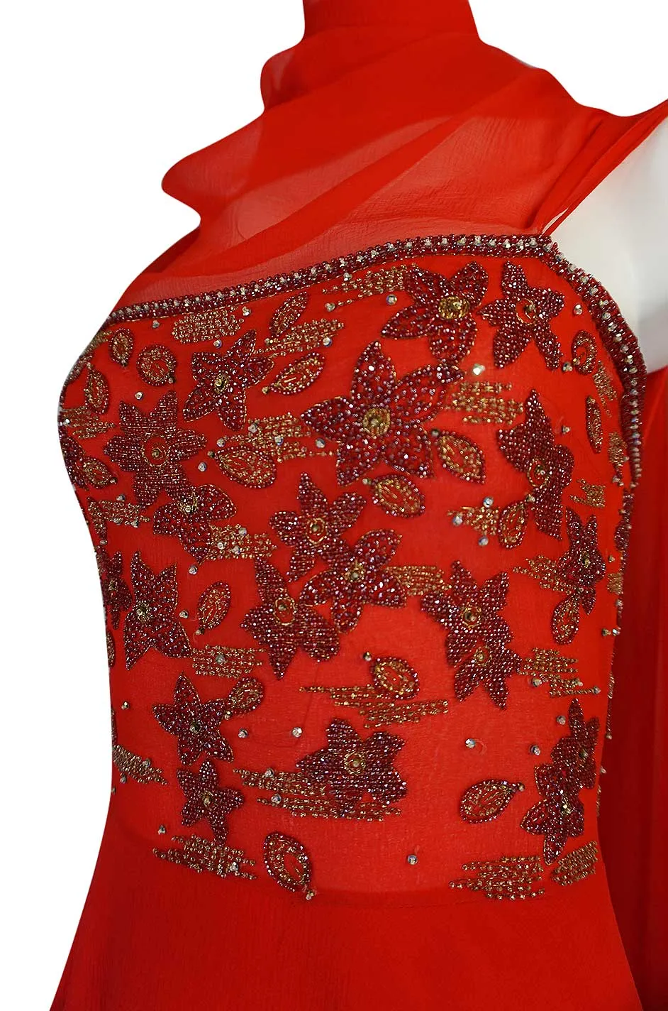 Stunning c1978 Nina Ricci Haute Couture Hand Beaded Layered Red Silk Chiffon Dress