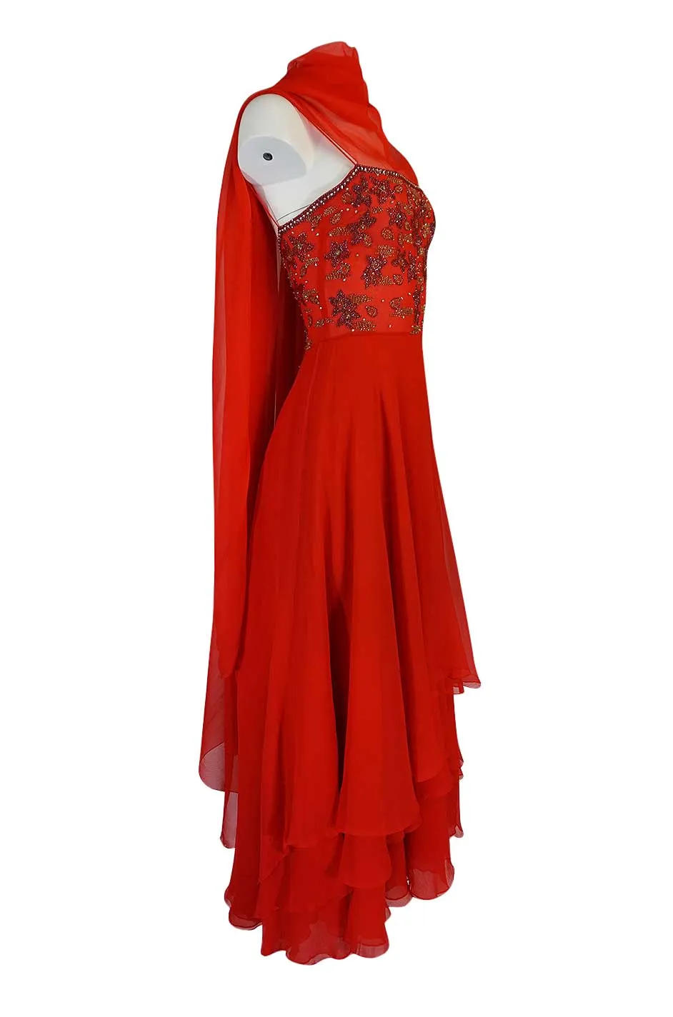 Stunning c1978 Nina Ricci Haute Couture Hand Beaded Layered Red Silk Chiffon Dress