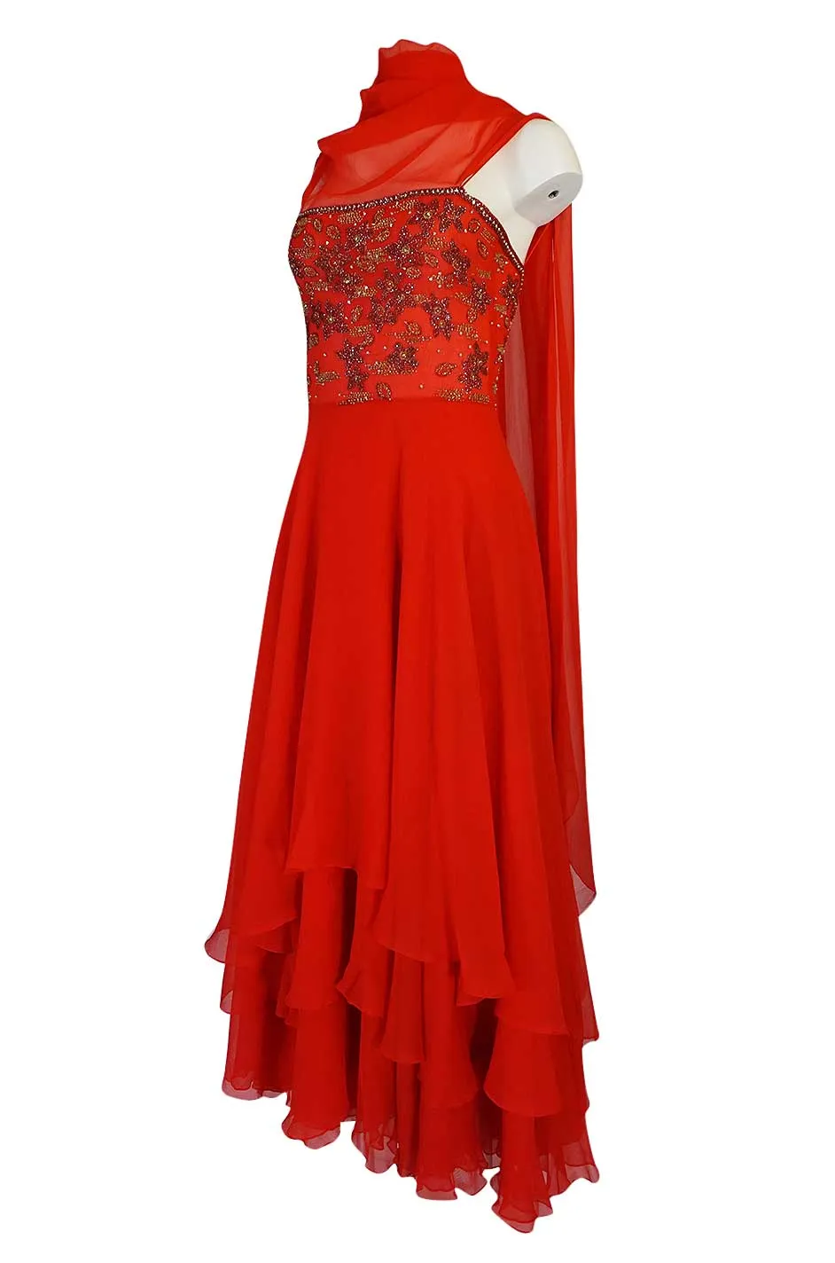 Stunning c1978 Nina Ricci Haute Couture Hand Beaded Layered Red Silk Chiffon Dress