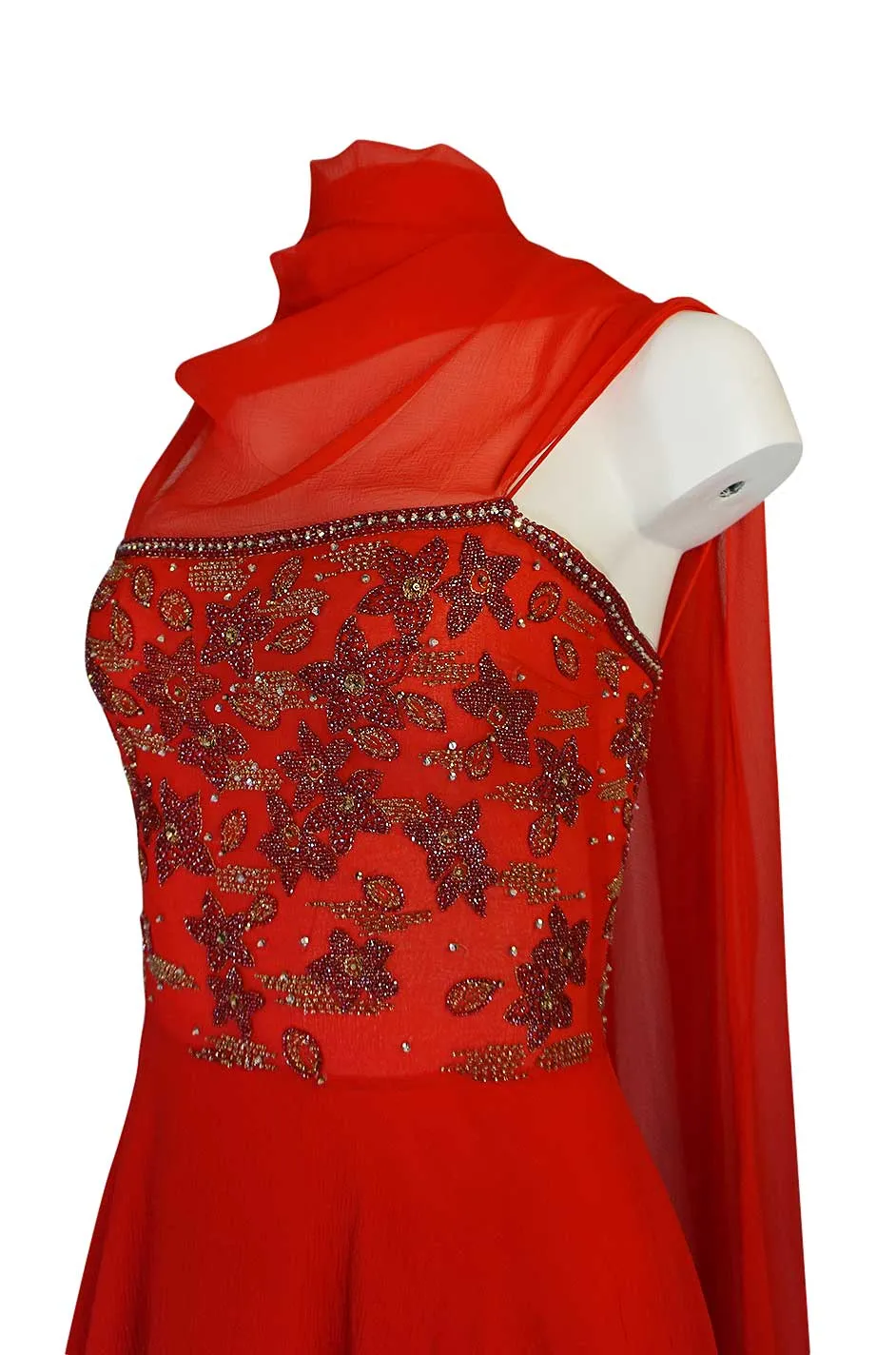 Stunning c1978 Nina Ricci Haute Couture Hand Beaded Layered Red Silk Chiffon Dress