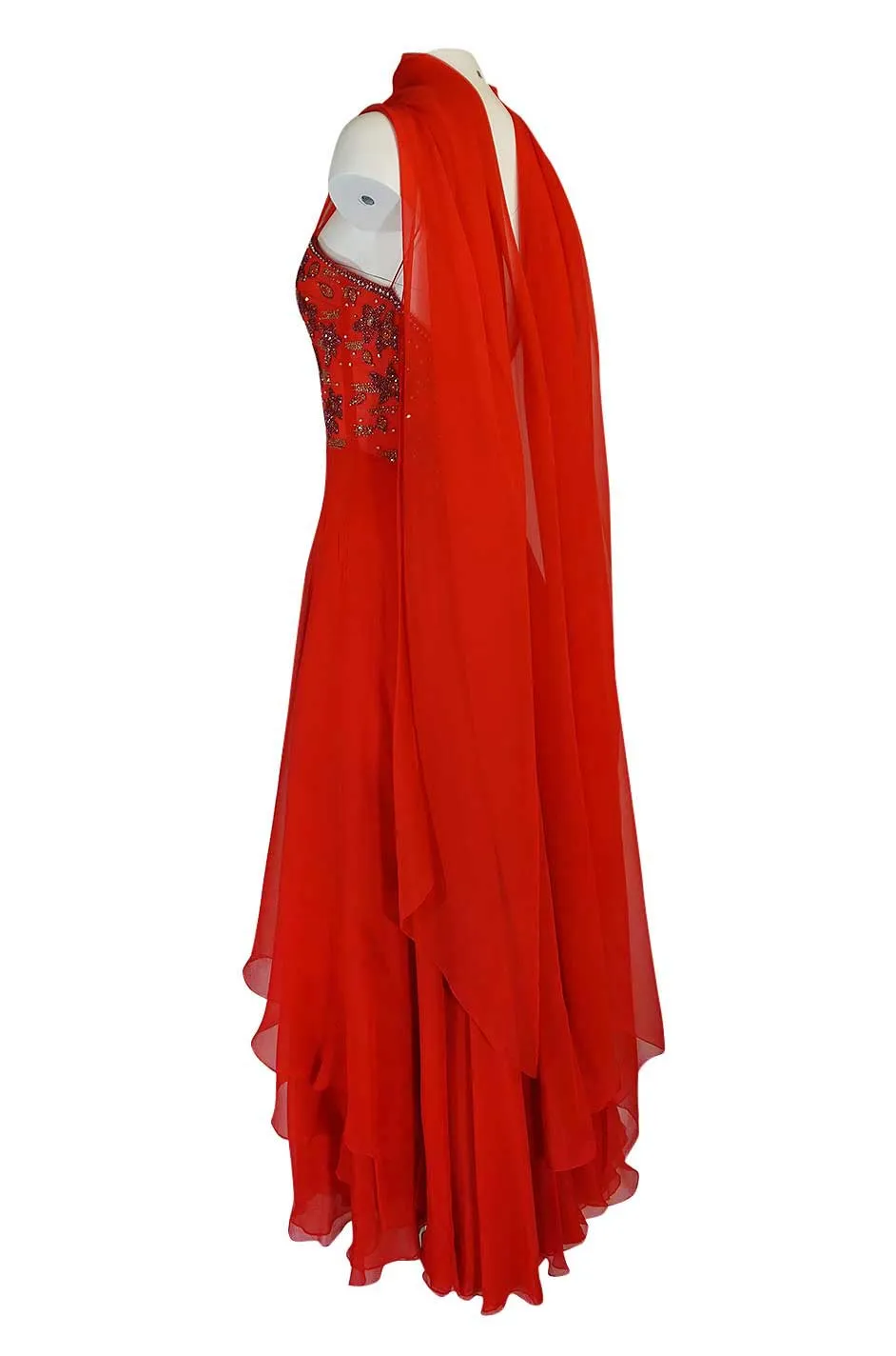 Stunning c1978 Nina Ricci Haute Couture Hand Beaded Layered Red Silk Chiffon Dress