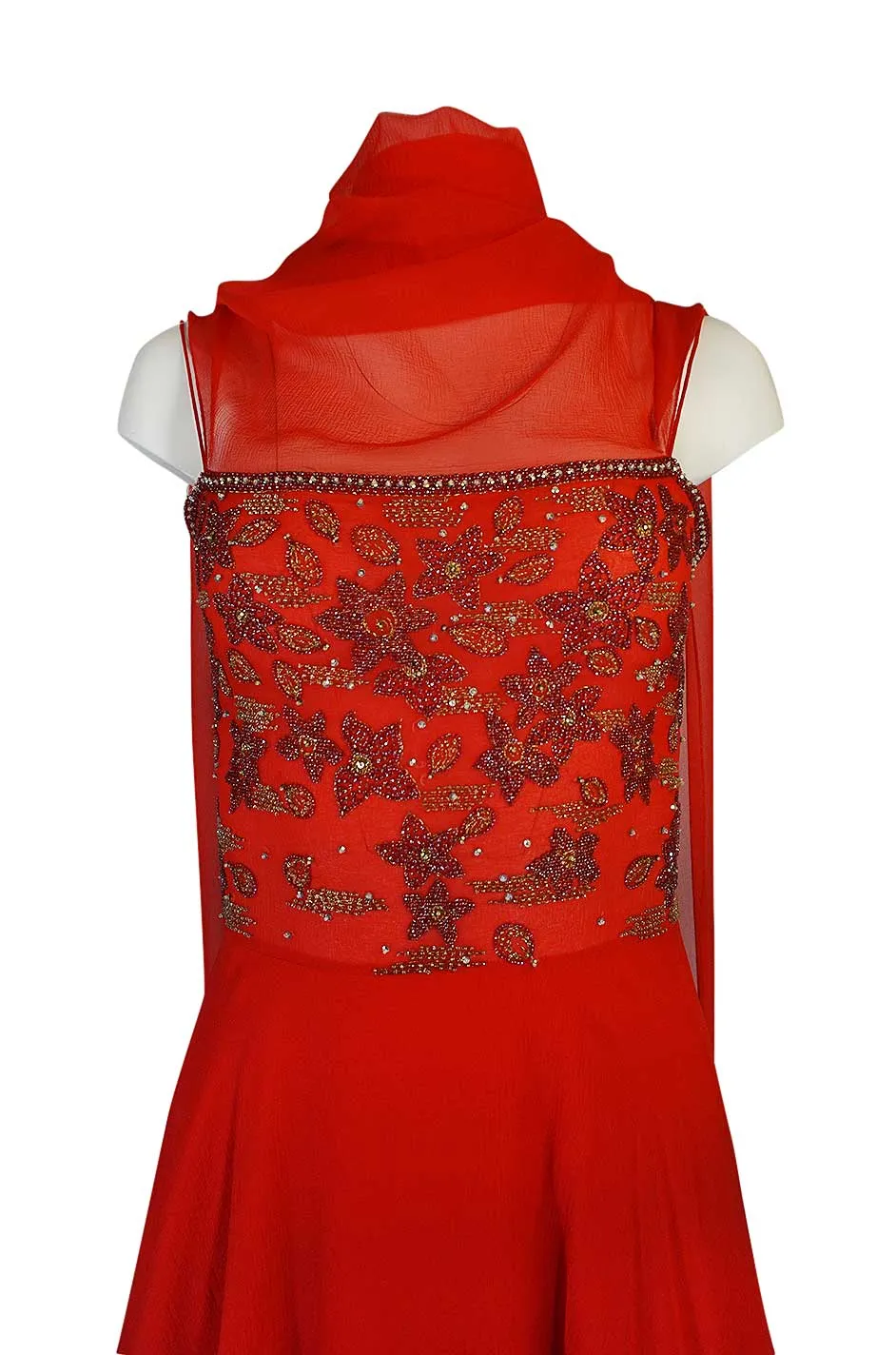 Stunning c1978 Nina Ricci Haute Couture Hand Beaded Layered Red Silk Chiffon Dress