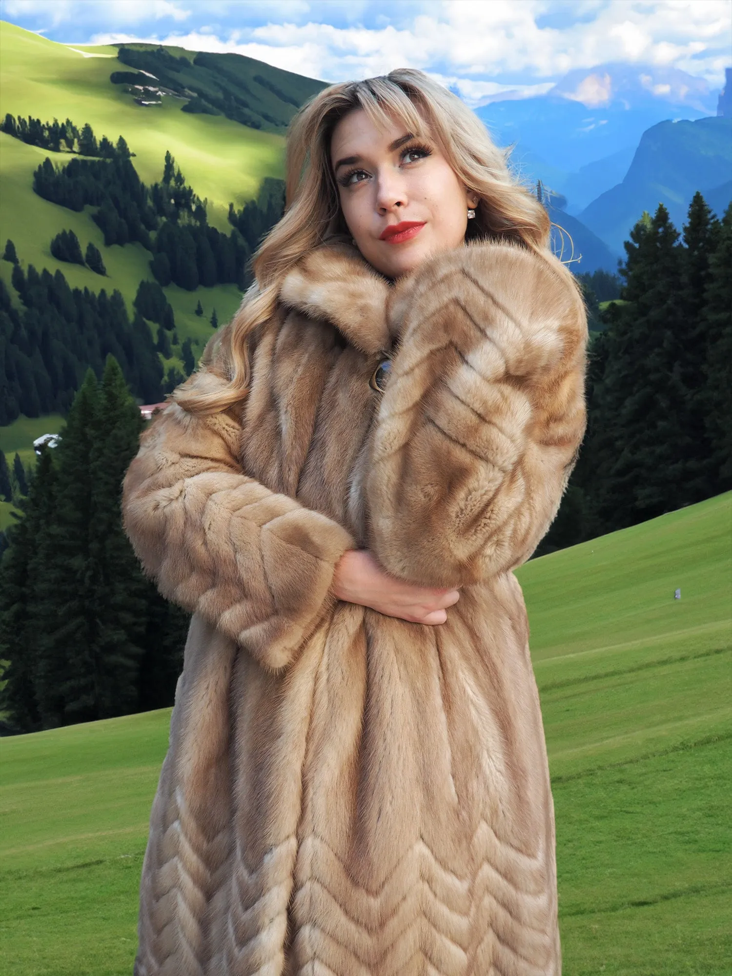 Stunning Pastel Canadian Mink Fur Coat Herring Bone Design 50" Long M