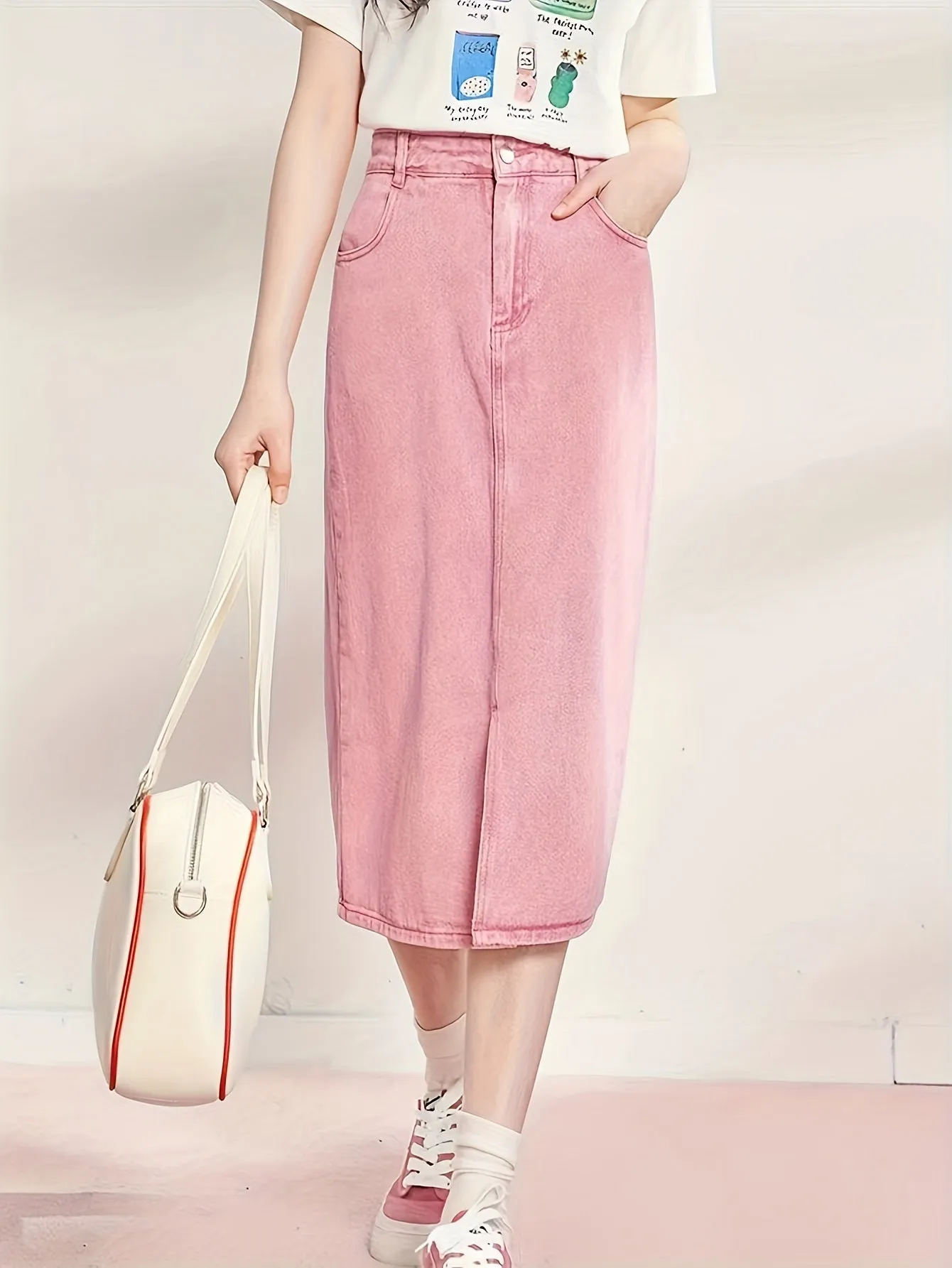 Stylish Pastel Pink Denim Midi Skirt - Women Denim Skirts with Pockets, Versatile Solid Color, Cute Casual Fashion, Elegant Plain Design, Flattering A-Line Silhouette, and Comfortable Wear